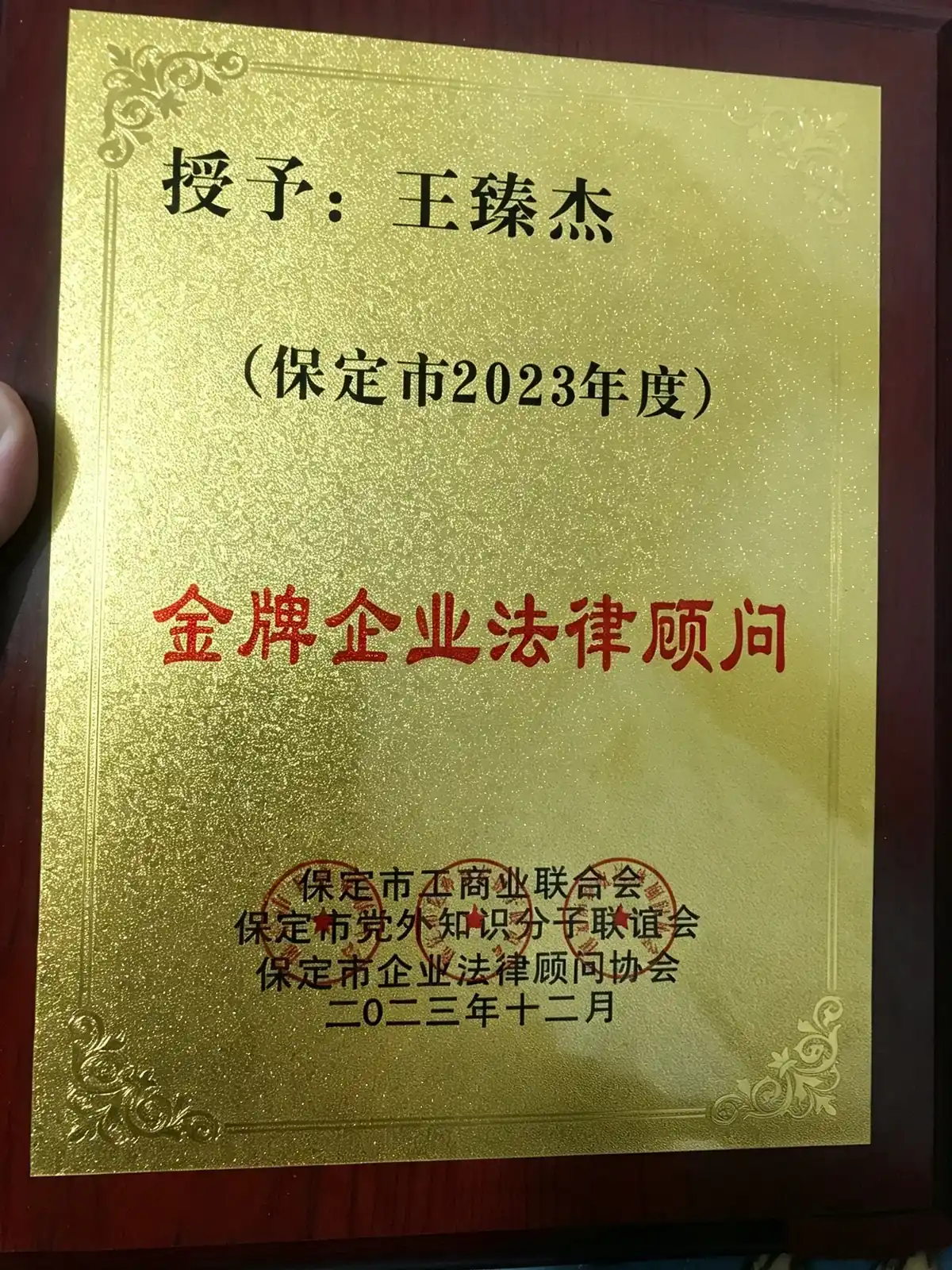 王臻杰律师2023年度金牌企业法律顾问荣誉证书